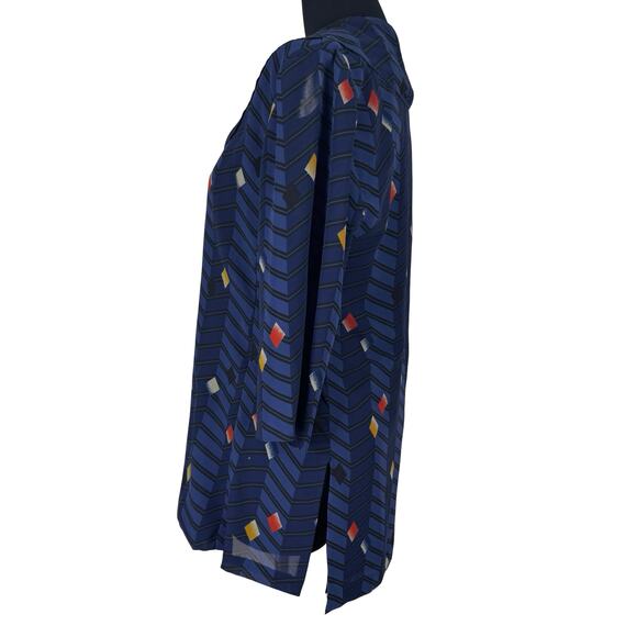 Vintage 80s Geometric Chevron Tunic Blouse Sheer Panels Blue Art Deco Pattern L - Picture 3 of 16